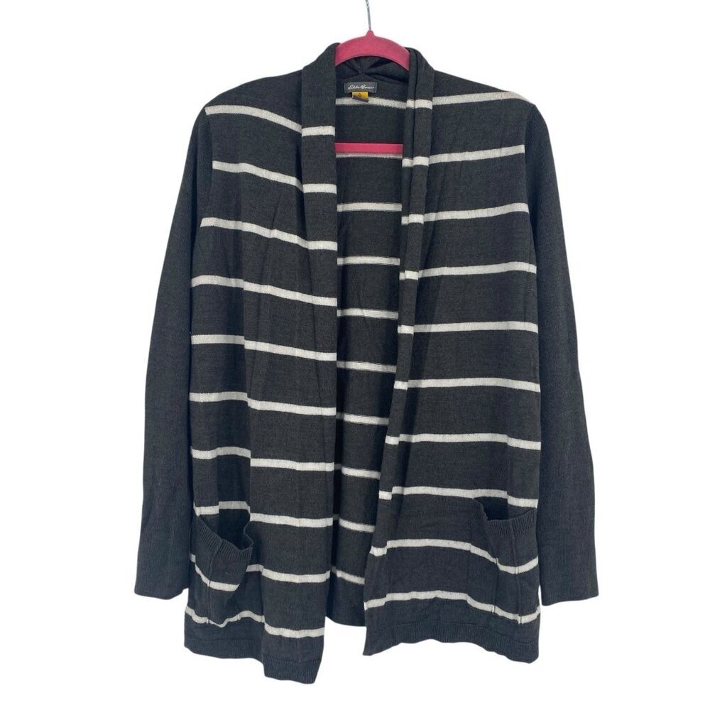 Eddie Bauer Size L Gray White Striped Open Cardigan Sweater